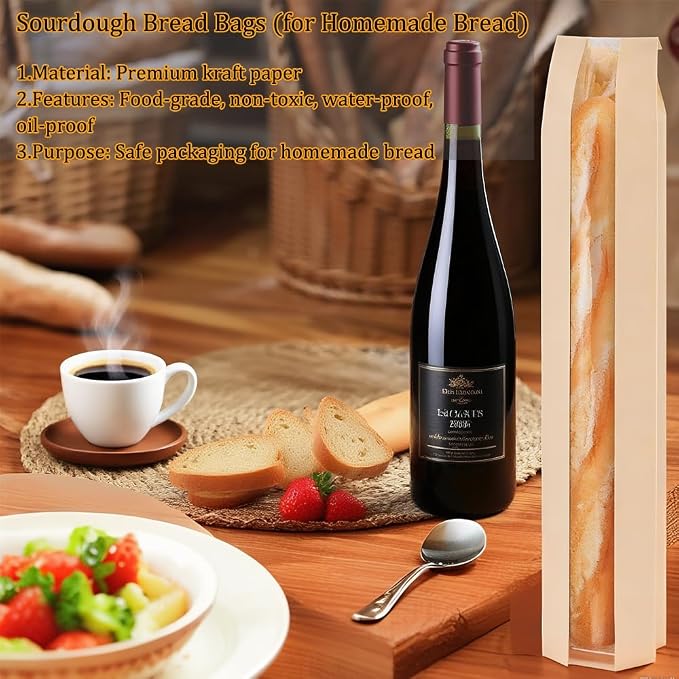 Bread Bags for Homemade Bread with 500 Labels, 60-Pack 4.5 x 2.5 x 16 Inch Paper Bags for Bread with Clear Window, Bakery Gift Packaging for Baguette, Sourdough Storage