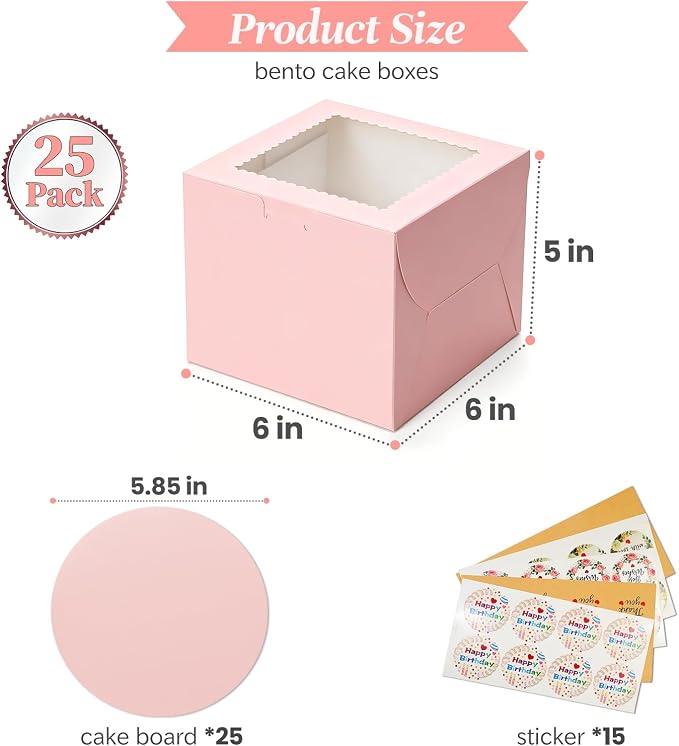 COTOPHER 50pcs 6x6x5 Inch Mini Cake Boxes, 6 Inches Small Bakery Box (25 Boxes & 25 Boards), Bento Cake Containers for Cookies, Cupcake, Desserts, Birthday, Party, Wedding, Valentine's Day