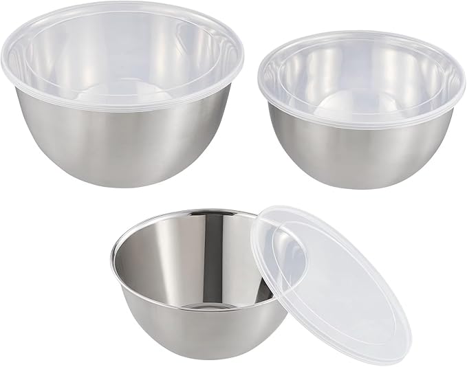 6-Piece Stainless Steel Mixing Bowl Set (3 Bowls + 3 Lids) – 2, 4, 6 Qt Nested Kitchen Bowls for Baking, Meal Prep & Food Storage, Dishwasher Safe