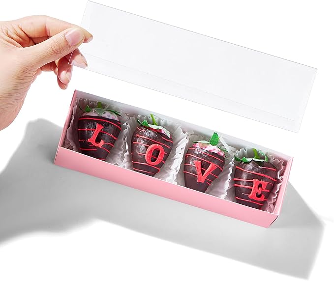 25Pcs 8x2.2x2 Inches Chocolate Covered Strawberry Boxes, Mcaron,Truffle,Chocolate Boxes Empty & Bakery Boxes for Cake,Strawberry,Bonbon,Dessert & Sweet Boxes Party Favors