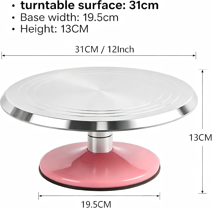 12-Inch Aluminum Alloy Cake Turntable, Rotating Cake Decorating Stand with Non-Slip Detachable Pink Base & Concentric Marking Circles, Smooth 360 Rotation for Baking, Model Coloring, Display