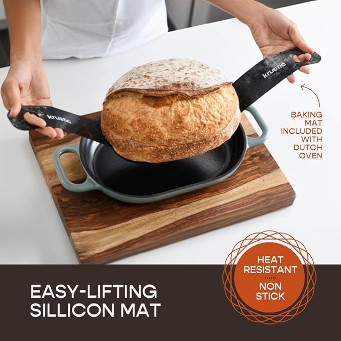 Krustic Enameled Cast Iron Dutch Oven for Professional Sourdough Bread Baking | 5.5 Quart Loaf Size Oval Cookware Pot with Lid | Triple-Layer Enamel Coating Pan with Non Stick Silicone Mat | Sea Salt