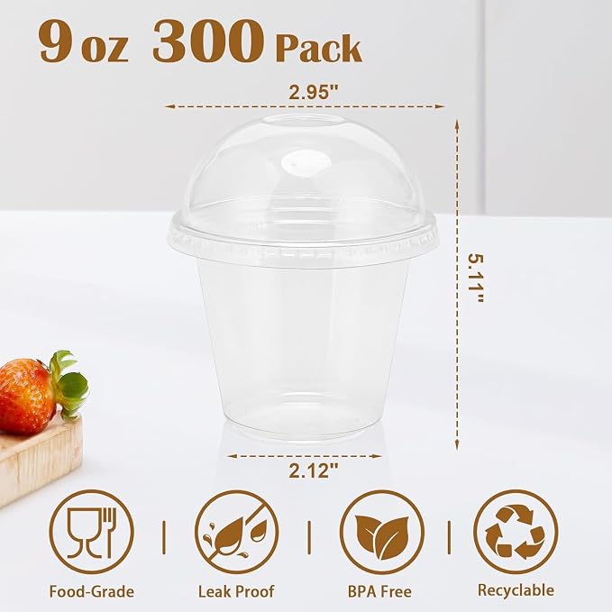 BYSNOW 300 Pack 9 oz Clear Plastic Cups with Dome Lids No Hole, Disposable Dessert Cups with Lids, Party Cups Cupcake for Ice Cream, Cold Drinks, Fruit, Parfait, Pudding