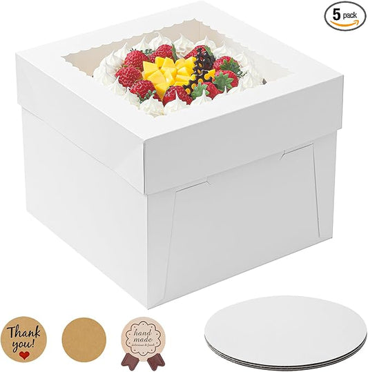 5 Pack Cake Boxes, 10x10x8 Inches Tall Cake Box with Cake Boards, White Bakery Boxes with Window, Disposable Cake Containers with Lids for Cake, Donuts, Pies, Cookies, Wedding, Birthday, Party