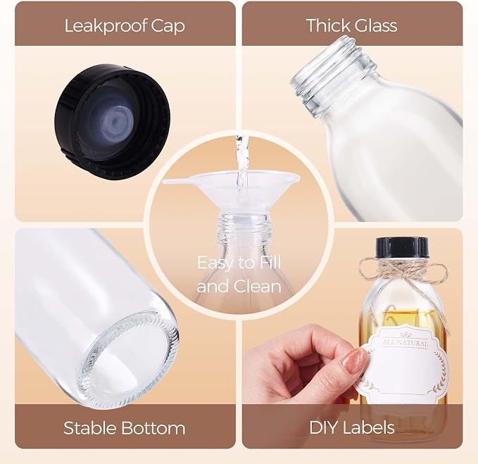 12 Pack 4 oz Boston Glass Bottle with Cap, Empty Glass Bottles for Homemade Vanilla Extract, Essential Oils, Juice, Potion, Syrup, Liquids, Christmas, Holiday Gift (Clear)