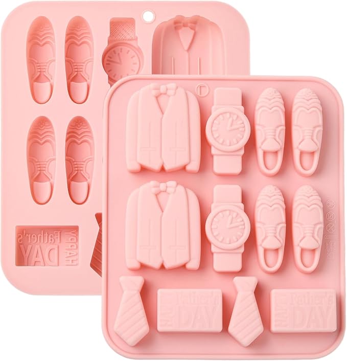 Ipotkitt 2pcs Pink Father's Day Themed Silicone Candy Molds Father Dad Love Suit Watch Gummy Molds for Jelly Fondant Chocolate Candy Mousse Ice Cake DIY Crafts