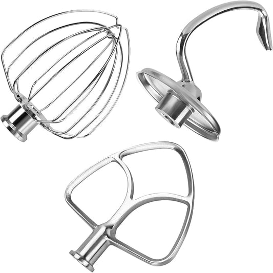 Mixer Attachments for KitchenAid 4.5–5 Quart Tilt-Head Stand Mixers – Compatible with Artisan & Classic – Beaters, Whisks, Dough Hooks & Attachment Sets by MMOBIEL (3-in-1, Stainless Steel)