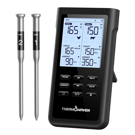 ThermoMaven 3000FT Smart Wireless Meat Thermometer – Sub-1G Long Range, 6 Sensors NIST Certified Accuracy, 2 Thin Probes, Standalone Base with Large LCD for Grill, Smoker, Oven, BBQ, Black