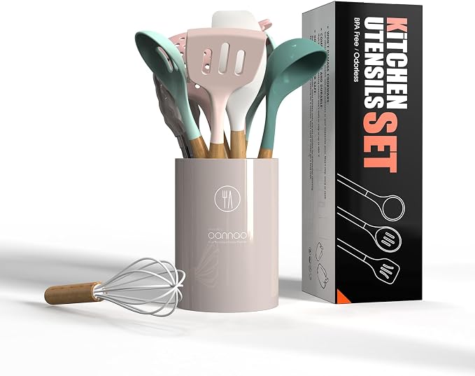 oannao Silicone Cooking Utensils Set - 446°F Heat Resistant Silicone Kitchen Utensils for Cooking,Kitchen Utensil Spatula Set w Wooden Handles, BPA FREE Gadgets for Non-Stick Cookware (Colorful)