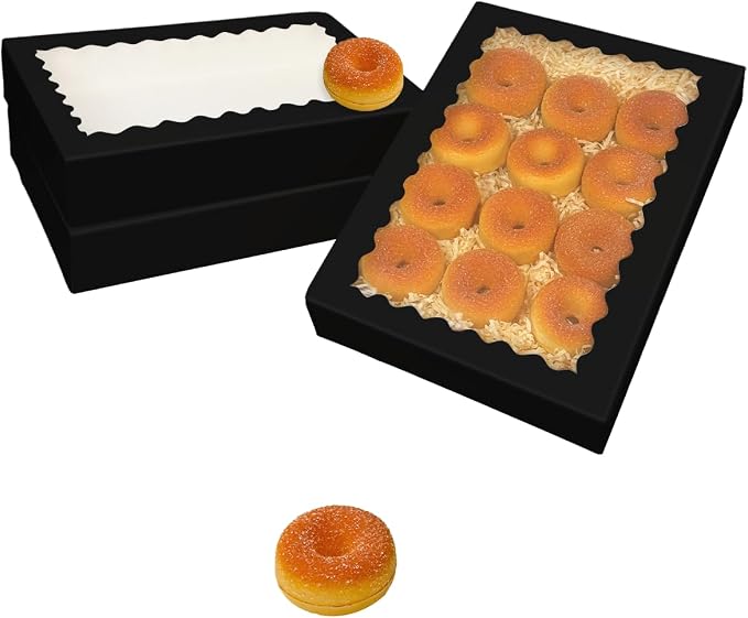 qiqee Auto-pop Up Black Cookie Box with Window 16x10.5x2.5 Inch 24Pcs Bakery Pastry Macaron Bakery Box for Packaging