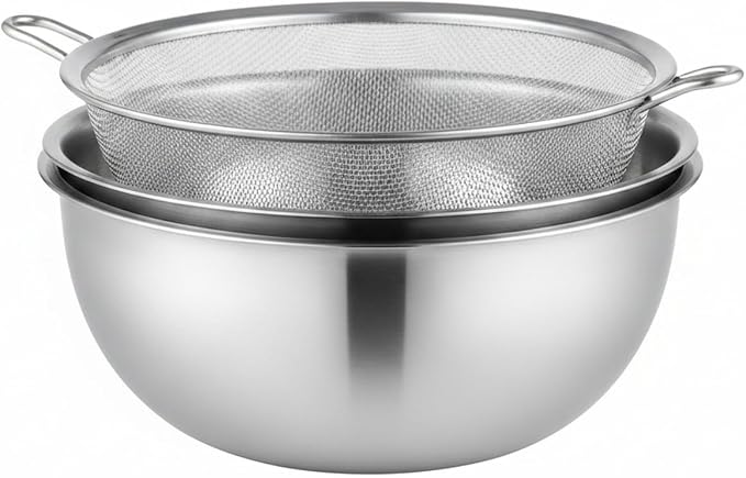 Stainless Steel Mixing Bowl Set with Nested Strainer for Washing, Draining, and Food Prep