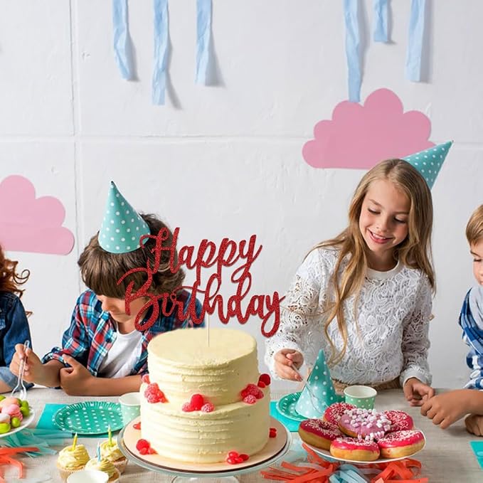 Handmade Glitter happy birthday Cake Topper, Happy Birthday Cake Bunting Decor, Party Decoration Supplies (Red)