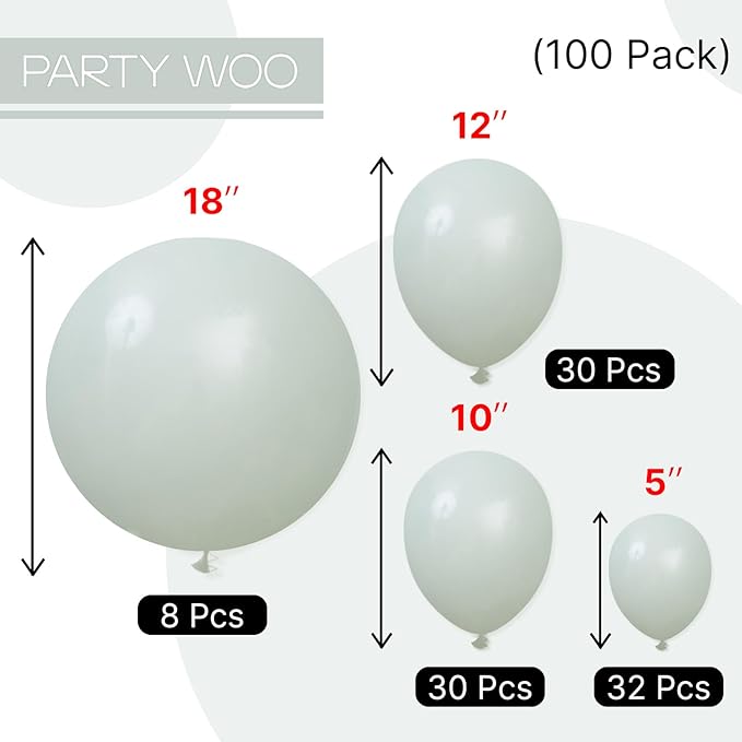 PartyWoo Dusty Green Balloons 100pcs Different Sizes Pack of 18 12 10 5 Inch Sage Olive Eucalyptus Green Boho Neutral Balloon Arch Kit for Jungle Dinosaur Theme Birthday Party Decorations Green-F35