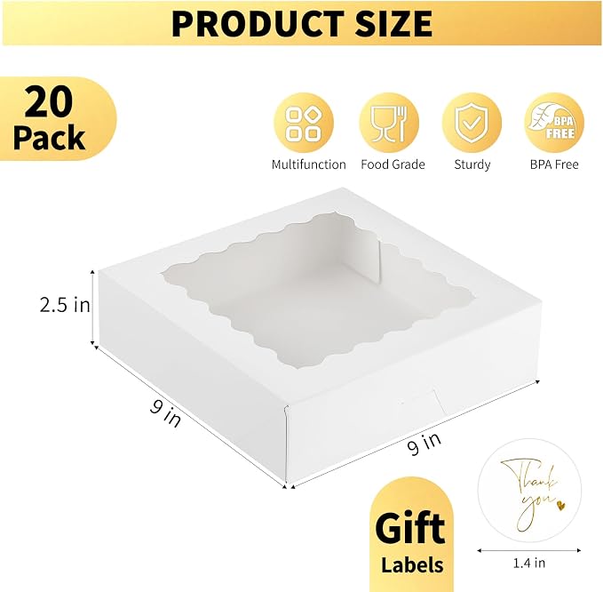 Ocmoiy 20 Pack Pie Boxes, 9 x 9 x 2.5 Inches Bakery Boxes with Window, Auto-Popup Cookie Treat Boxes for Chocolate Strawberries, Pastries, Muffins, Donuts, Breakable Heart