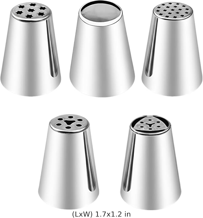5 Pcs Russian Piping Tips Set, Extra Large Icing Nozzles for Cake Decorating, Rose Floral Design for Cakes, Cupcakes, Birthday Parties, Wedding, Stainless Steel