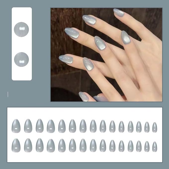 30Pcs French Press on Nails Short Almond ZWENJIE Cat Eye Fake Nails Press ons Nail Tips Stick on Nails Glossy Acrylic Nails Kit False Nails with Classic Red Design Nail Art for Women Glitter Manicure