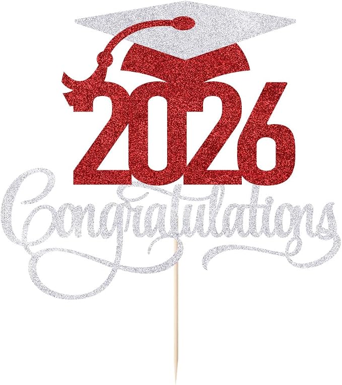 Silver-red 2026 Congratulations Graduation Cake Topper,Congrats Grad Cake Decor - 2026 High School/College/Senior Graduation Party Decorations Supplies