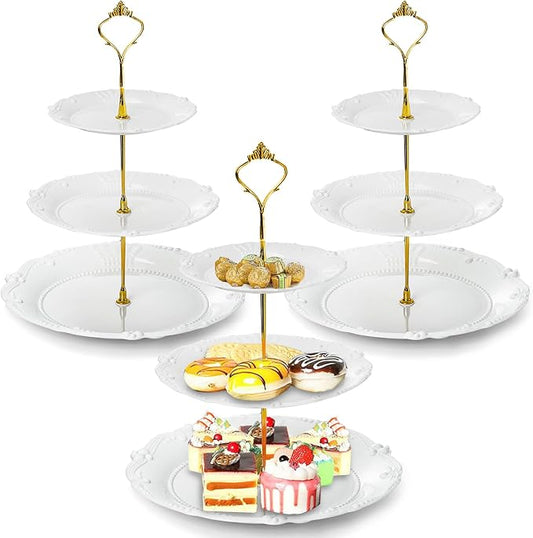 Fasmov 3 Pack Plastic Cupcake Stand, 3 Tier Cupcake Stand Dessert Plates Cake Fruit Candy Display Tower Reusable Pastry Platter for Wedding Birthday Baby Shower Tea Party Decorations - White