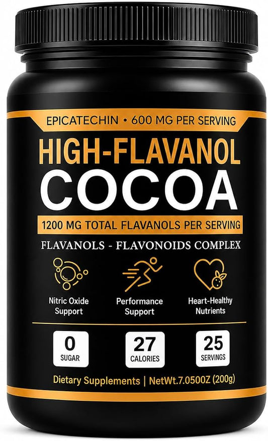 High Flavanol Cocoa Powder - 1200mg Flavanols & Flavonoids, High Flavanol Cacao with 600mg Epicatechin, 10X Concentrated Cocoa Extract for Baking, Cooking & Beverages, 200g