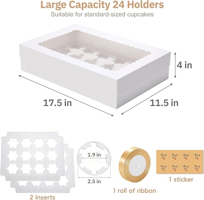 5 Pack 24 Count Standard Cupcake Boxes with Window & Inserts White | Cupcake Containers Bakery Box for Standard Muffins, Pastry Dessert for Birthday Party, Wedding, Baby Shower-17.5x11.5x4 Inch