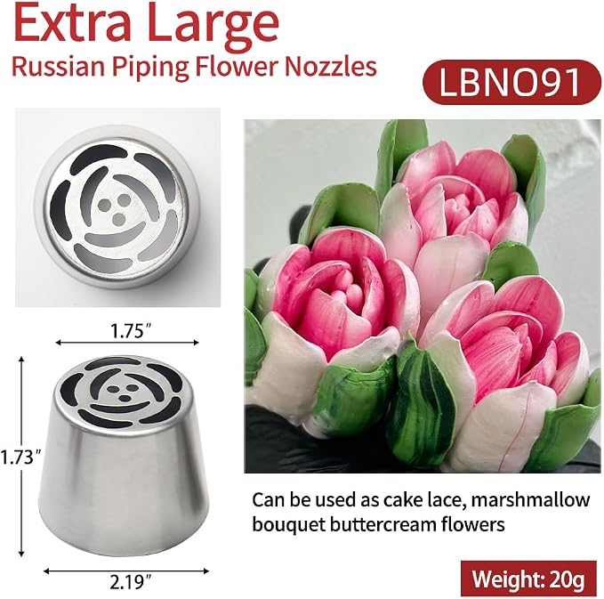 Extra Large Russian Piping Tip Set - 6 Stainless Steel Marshmallow Buttercream Framing Nozzles for 3D Roses Tulip Cake Decorations and Marshmallow Bouquets, Includes 1 Cleaning Brush(6I)
