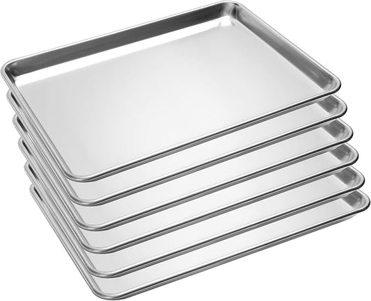 6 Pack Half Size Aluminum Baking Sheet Pans, 18"x13" | NSF, commercial cookie sheets, rolled rim baking pan, for roasting, freezer, bakery, oven safe up to 500℉
