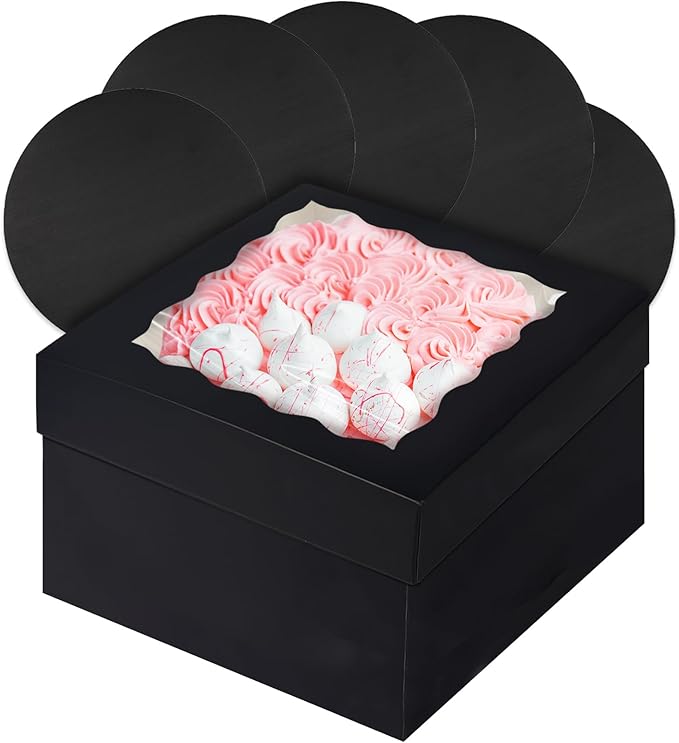 qiqee Black 12x12x8 Cake Box, 4 Sets Black Cake Box with Window ＆ 4 Sets 12" Black Cake Round Boards, 12inch Cake Containers