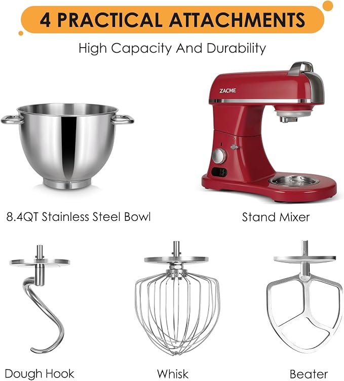 ZACME 8.4QT Commercial Stand Mixer 800W with Aluminum Die Casting Meets the Standard of NSF/ANSI 8-2023, Mixers Kitchen Electric Stand Mixer with Stainless Steel 8L Bowl, Dough Hook, Whisk and Beater