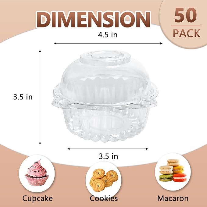 50 Pack Plastic Cupcake Containers with Dome Lids, Disposable Individual Clear Cupcake Boxes Holders Carrier, Single to Go Dessert Cake Packaging for Muffin Donuts Fruit Salad Wedding Party