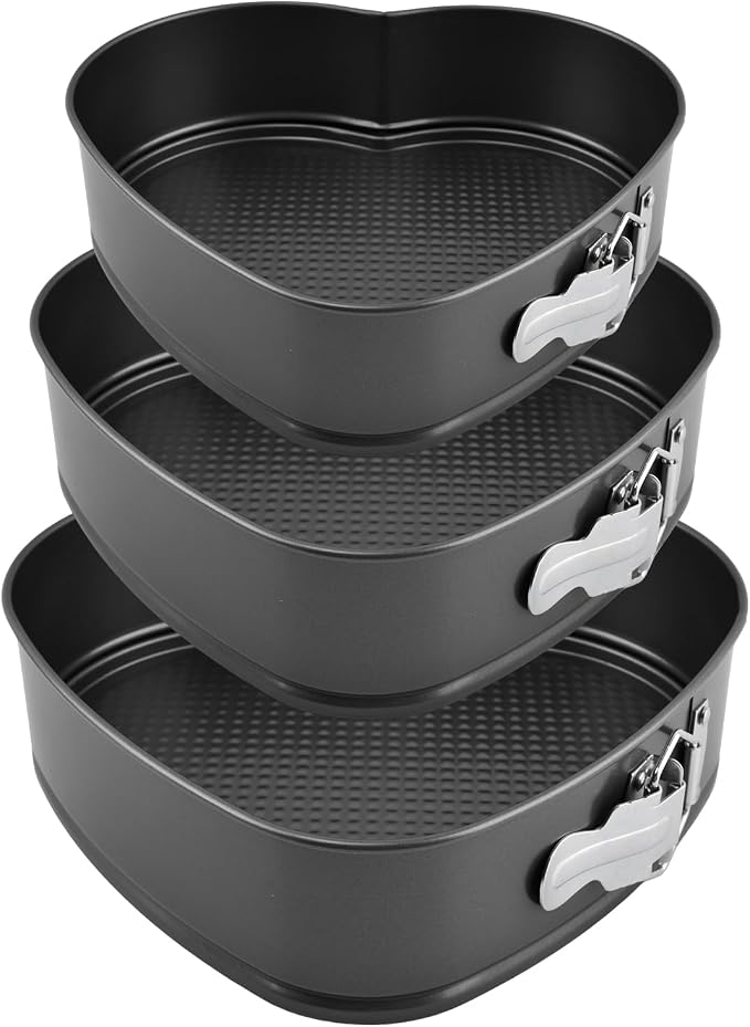 Set of 3 Springform Cake Tins Heavy Duty, Double Layer Non-Stick Coating, Removable Base, Heavy Duty Carbon Steel, Perfect for Frozen Desserts - Oven Safe Bakeware (heart-shaped)