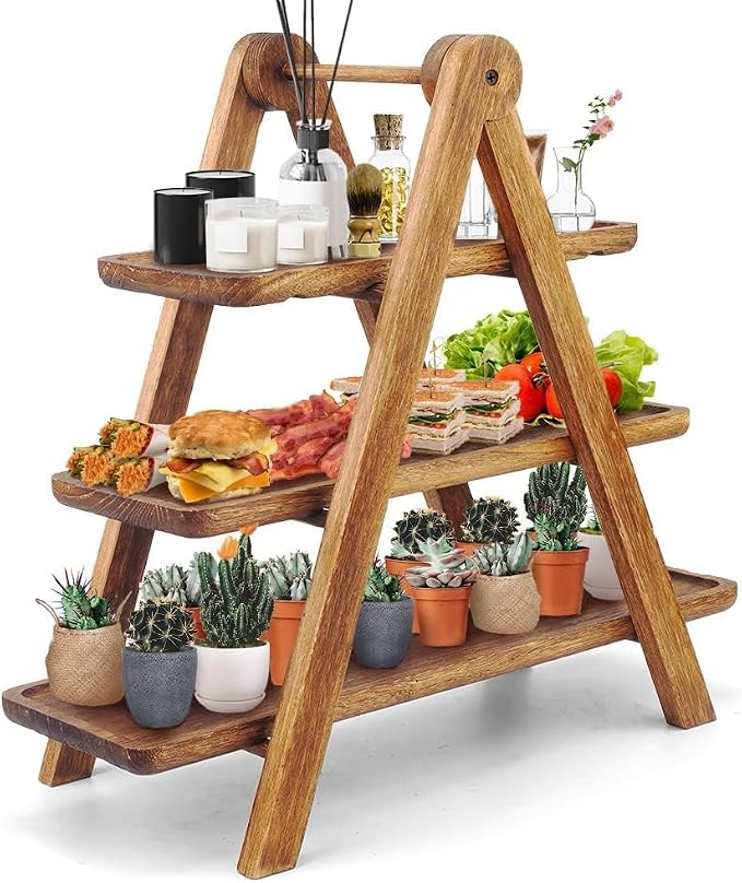 Manspdier Wood 3 Tier Serving Tray Three Tiered Cupcake Stand, Rectangle Serving Platter Wooden Farmhouse Tiered Tray, Party Serving Brown Decorative Tray Decor