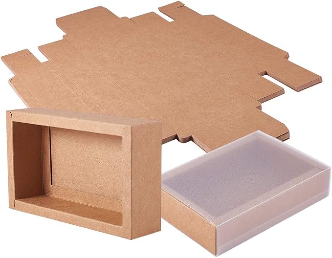 BENECREAT 12Packs Large Rectangle Brown Kraft Boxes Heavy Duty Gift Box with Clear PVC Windows 5.9x3x1.5 for Party Favor Treats, Bakery, Jewelry, Wedding Gift Packaging