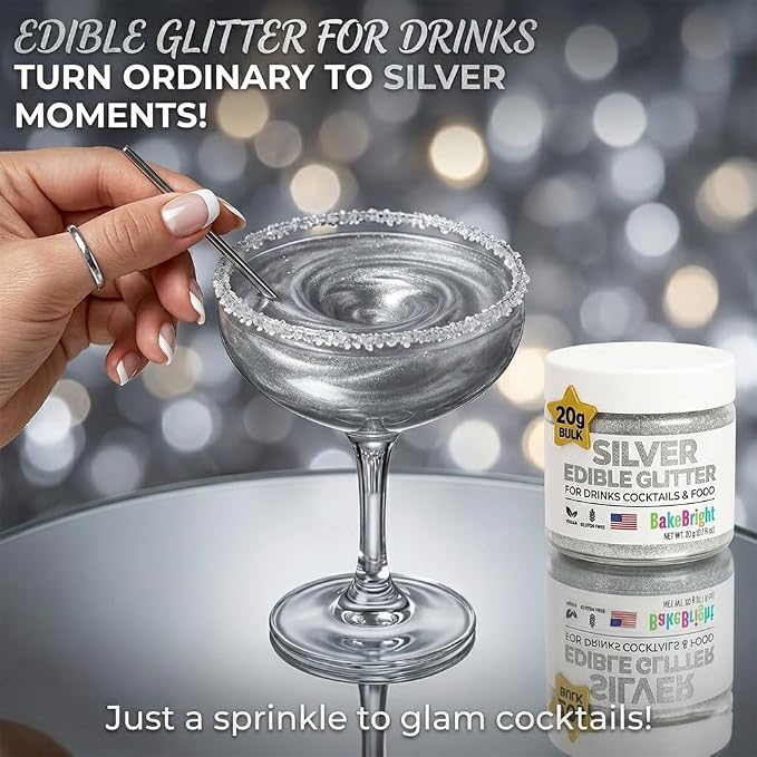 Silver Edible Glitter for Drinks 20g - Silver Edible Glitter for Cakes Cocktails Metallic Cake Decoration Sprinkles - Luster Dust for Cocktail & Cake Topper Chocolate Baking Decorating Fondant Cookies - Drink Shimmer Spray - Food Grade Vegan, Kosher, H...