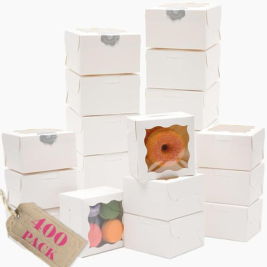 Bakepacker 400pcs White Bakery Boxes with Window 4"x 4"x 2.5" Thick & Cookie Boxes & Sturdy Macaroon Pastry
