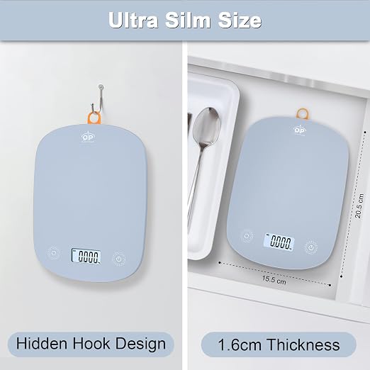 QP Digital Kitchen Food Scales,11 lb/5 kg,Suitable for Coffee and Cooking | 6 Units,1g High Accuracy,Touch Control,Tare Function, Auto Off,Ultra Slim,With Hook,Blue
