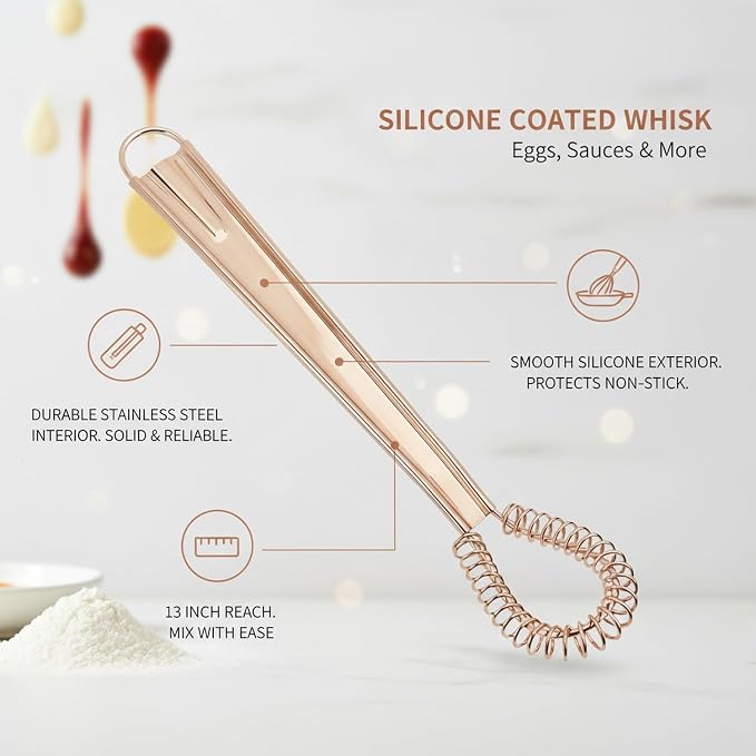 Silicone Coated Whisk, 13 Inch Stainless Steel Mixing Tool for Non-Stick Cookware, Eggs and Sauces (1 PC)