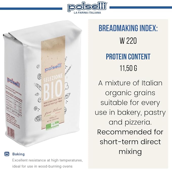 POLSELLI Organic Flour, Type 00, 100% Italian Grain Double Zero Flour, 5 kg | Extra Fine "00", Organic Wheat Flour For Neapolitan Pizza, Pasta And Bread; All-Natural, Unbleached, Unbromated, No Additives
