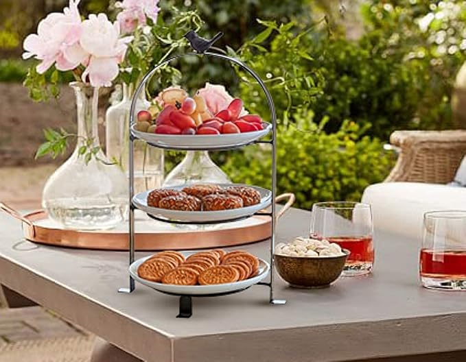 SparkWorks 3 Tiered Cake Stand, Tea Party Serving Platter, Dessert and Cupcake Stand, Metal Tiered Serving Stand Includes Three Premium White Stoneware Plates