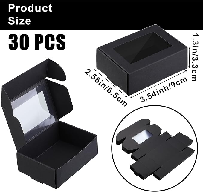 Zonon 30 Pcs Soap Boxes for Homemade Packaging, Mini Kraft Boxes with Window for Bakery Candy Soap Making Gift Packaging, 3.7x2.6x1.4 Inch (Black)