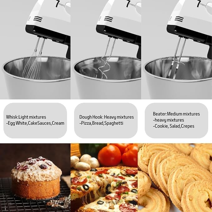 Stand Mixers, 7 Speeds With 3QT Stainless Steel Bowl, Stand and Hand Mixer with Dough Hook, Whisk, Mixing Beater for Baking, Cake, Cookie, Kneading (Black)