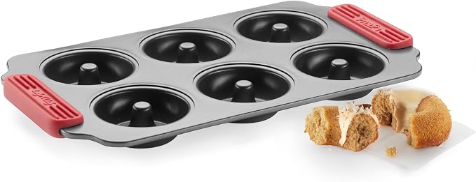 Lékué Non-Stick 6 Hole Donut Mold - Carbon Steel Oven Baking Pan with Platinum Silicone Handles, Even Heat, Dual Non-Stick Ceramic Coating, Scratch Resistant, PFOA & PFA-Free, 12.2 x 7.1 x 1.2"