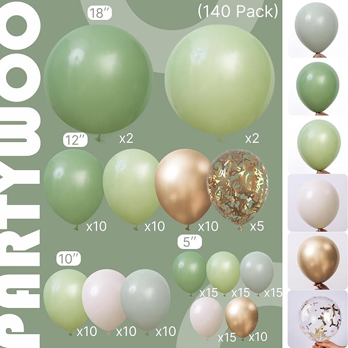 PartyWoo Sage Green Balloon Arch Kit Garland 140pcs Different Sizes of 18 12 10 5 Inch Olive Dusty Boho Green White Gold Confetti Balloons for Baby Shower Graduation Birthday Party Decorations