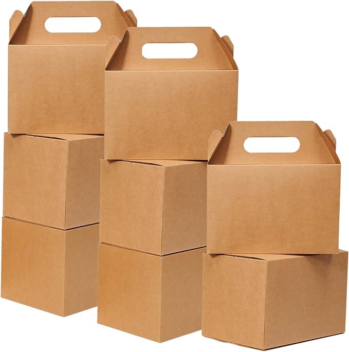 Shallive 50 Pcs Large Treat Boxes 9x6x6 Inch Brown Gable Gift Boxes with Handle Kraft Lunch Boxes Recycled Paper Gift Bags Take Out Cookie Boxes Welcome Boxes Candy Bags For Wedding Supplies