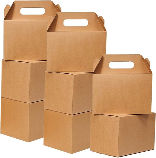 Shallive 50 Pcs Large Treat Boxes 9x6x6 Inch Brown Gable Gift Boxes with Handle Kraft Lunch Boxes Recycled Paper Gift Bags Take Out Cookie Boxes Welcome Boxes Candy Bags For Wedding Supplies