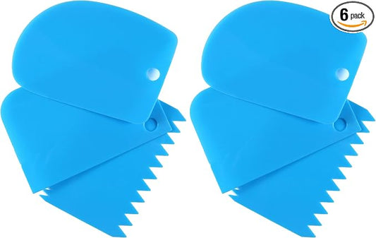 Cake Decorating Scraper Set, 6 Piece Plastic Icing Smoother Tools, Serrated and Flat Edge Dough Scrapers for Baking, Pastry, Bread, Pizza, 2.95-4.81 Inch (blue)