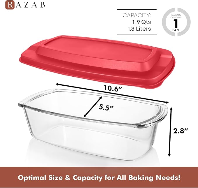 Razab LARGE 7.6 Cups/1800 ML/1.9 Qt Glass Loaf Pan with Lids - Meatloaf Pan BPA free Airtight Lids Grip Handle Easy Carry, Microwave and Oven Safe - Loaf Pans For Baking Bread, Cakes, Glass Loaf Pan