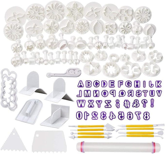 Soleebee 114 Pcs Cake Decorating Tools Fondant Cake Baking Decorating Sugar Craft Icing Tools Plunger Cutters Snowflake Rose Flower Moulds Set Letter Cookie Cutters Rolling Pin Equipment Accessories