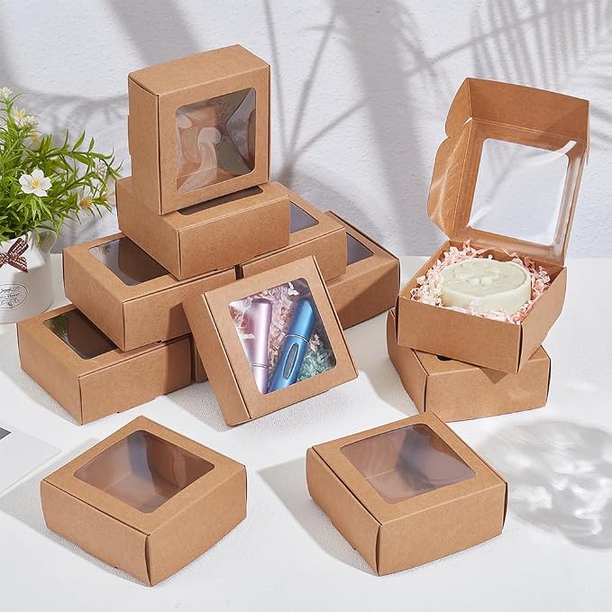 BENECREAT 30pcs Square Kraft Paper Boxes, Gift Boxes with Clear PVC Window for Wedding Gift, Chocolates, Cookies and Other Small Crafts, 3.6x3.6x1.57 Inch