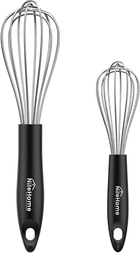 NileHome Silicone Whisk Set 8" 10" Kitchen Whisk Kitchen Wisk Wire Whisks for Cooking, Whisking, Blending, Beating, Stirring-Black Silver