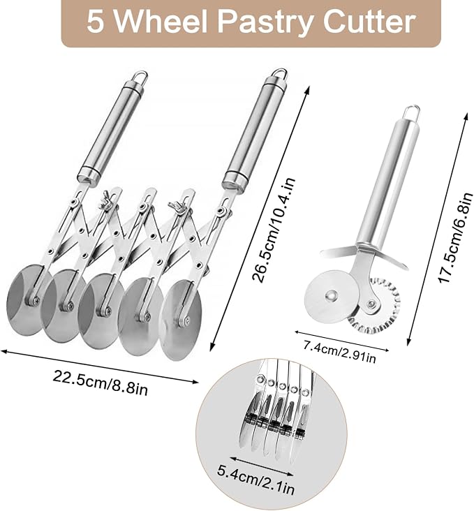 5 Wheel Pastry Cutter, Stainless Steel Dough Cutter Wheel with Handle, Dual Fluted Ravioli Pasta Noodle Pizza Slicer, Expandable Round Pastry Knife, Versatile Cookie Dough Divider